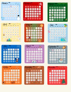 a colorful calendar with the holidays in different colors and numbers on it's sides