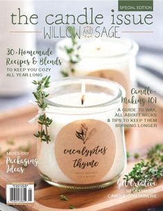 the candle issue features two candles on a cutting board with greenery around it and an advertise for each candle