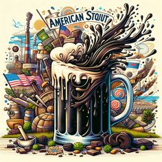 a beer mug filled with liquid sitting on top of a pile of junk next to an american flag