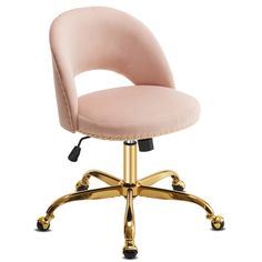 a pink office chair with gold wheels