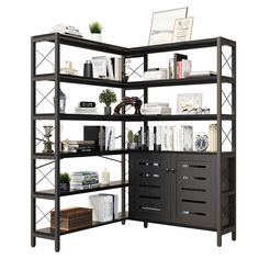 a book shelf with many books and other items on it's shelves, including an open file cabinet