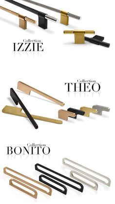 four different types of metal handles with the words'collection themo'in black, gold and white