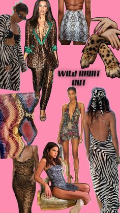 a collage of different women in animal print clothing and accessories, including one woman's body