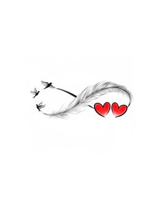 two red hearts are attached to a white feather