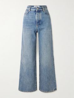 Loewe's jeans will quickly become your go-to for casual days. They're cut from light-blue denim that's faded at the knees and has a wide-leg shape with just the right amount of slouch. Complement the super high-rise waist with a cropped shirt or sweater. Light Blue High Rise Jeans, Cool Pants Design, Luxury Casual Wide-leg Jeans, Wide-leg Washed Blue Jeans, Luxury Wide-leg Jeans, Washed Blue Wide-leg Jeans, Luxury Wide-leg Women's Jeans, Aesthetic Pants, High Waisted Wide Leg Jeans