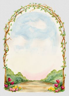 a watercolor painting of an arch with flowers on it