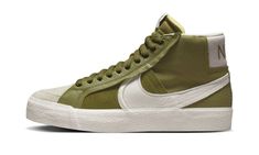 ZOOM BLAZER MID PREMIUM PLUS SB DR9144 300 Olive Green Sneakers, Nike Sb Zoom Blazer Mid, Nike Sb Zoom Blazer, Olive Sneakers, Olive Shoes, Blazer Verde, Nike Sb Blazer, Nike Air Force 1 Mid, New Nike Air Force