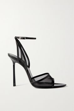 SAINT LAURENT's 'Missy' sandals are equal parts refined and sophisticated. They're made from semi-sheer mesh and framed by sleek leather straps. Let the stiletto heels peek out from beneath a pair of the brand's tailored pants. Jimmy Choo Sandals Flat, Shoe Inspo Sneakers, Shoes For Dresses, Shoe Ideas For Women, Sheer Heels, Saint Laurent Heels, Summer Dresses Shoes, Shoes For School, Shoe Ideas