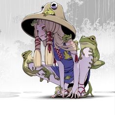 a drawing of a woman sitting on top of two frogs and holding an umbrella over her head