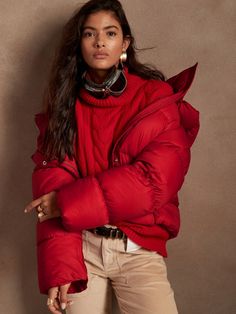 Water-Repellent Puffer Jacket | Banana Republic Puffer Jacket Photoshoot, Chanel Puffer Jacket, Red Puffer Jacket Outfit, Hoodie Poses, Red Puffer Coat, Puffer Jacket Outfit, Red Puffer Jacket, Chanel Sneakers, Red Puffer