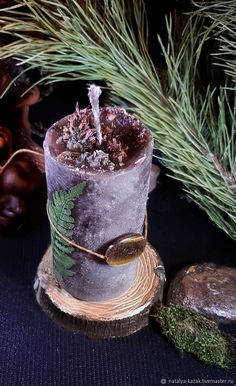 a candle that is sitting on top of a tree stump