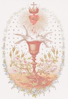 an ornate design with two doves on top of a cup and flowers around it