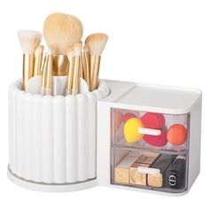 PRICES MAY VARY. REMOVABLE COMPARTMENTS: Makeup brushes holder organizer is equipped with 7 divider slots, allowing you to store different types of makeup brushes separately, making it easy for you to quickly find the brushes you need according to your needs, and its compartments are removable, so that you can place any makeup tools according to your needs. SMOOTH ROTATION: The rotating base does not touch the countertop (0.35 inches above the countertop), and there are four non-slip rubber pads Small Makeup Vanity, Makeup Holders, Small Makeup Vanities, Dresser Accessories, Desk With Drawer, Draw Fashion, Dresser Desk, Vanity Dresser, Makeup Brush Organization