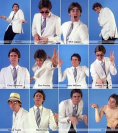 many different pictures of the same man in white suit and tie with his hands up