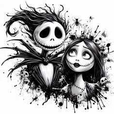 two cartoon characters with spooky hair and eyes are depicted in this black and white drawing