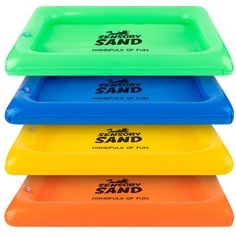 four plastic trays stacked on top of each other with the words sandy sand written on them