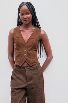 Nothing screams "grandma" quite like a corduroy vest, and this Corduroy V-Neck Crop Vest from Cider boasts a cropped design, which helps it to feel more modern for the Strega Nona aesthetic. Coffee Shop Work, Corduroy Vest, Jacket Crop, Crop Vest, Cropped Vest, Pocket Jacket, Costume Design, Cider