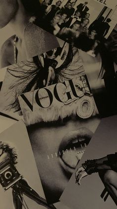 black and white photograph of woman's face surrounded by various magazine pages with images of women on them