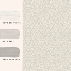 three shades of white paint with the words dove grey and dove grey