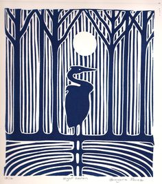 a blue and white linoleum block with an image of a bird in the woods