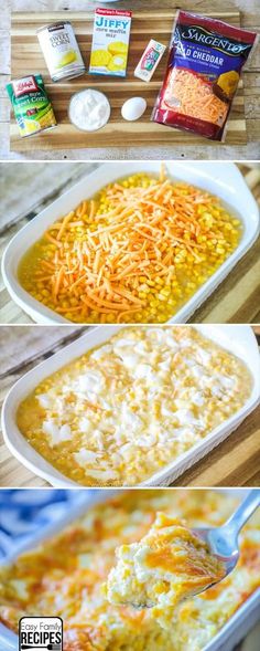 the ingredients to make cheesy corn casserole are shown in separate images