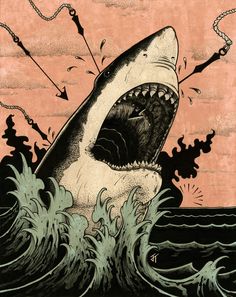 a drawing of a shark with it's mouth open and its teeth out in the water