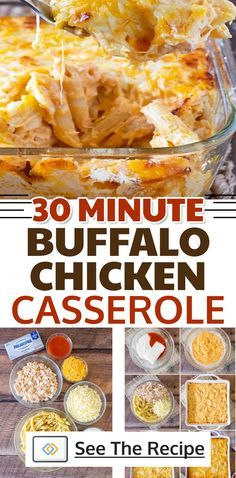 the cover of 30 minute buffalo chicken casserole, with instructions to make it