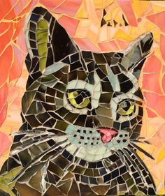 a close up of a cat made out of broken glass mosaics on a pink background