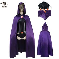 a purple cape with black and red buttons on the front, and an image of a mask