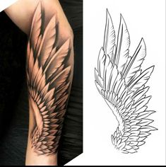 an arm tattoo with black and grey lines on the left side of it, next to a drawing of a bird's wing