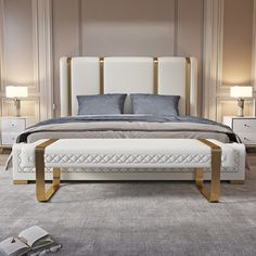 a bed with white and gold furniture in a bedroom