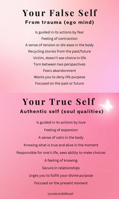 Learn the differnce between your true self and false self to differentiate which self you are operating from. Create more self love in your life by living as the true self. Which do you need to focus more on? Share in the comments!✨💗Use this self improvement list to check in with yourself and your personal development. Ways To Do Self Care, Healthy Self Esteem, How To Learn More About Yourself, Self Love Vs Selfish, How To Improve Self Image, Finding Authentic Self, How To Stay True To Yourself, Self Differentiation, How To Be More Secure With Yourself