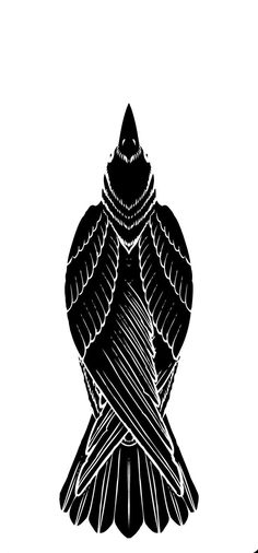 a black and white drawing of a bird on a branch with wings spread over its head