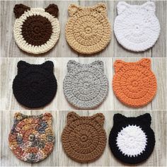 six crocheted owl and bear patterns are shown in four different colors, each with an eye