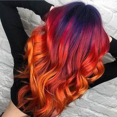 Red Sunset Hair, Purple Red And Orange Hair, Blue Flame Hair Color, Fire Hair Color Ombre, Sunset Hair Ombre, Flame Hair Color, Fire Red Hair Color, Sunset Hair Color Ombre, Sunset Ombre Hair