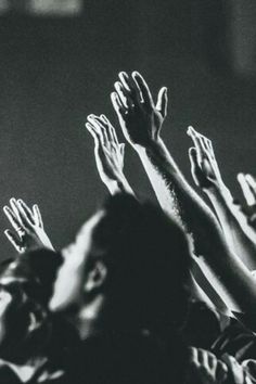 several people raising their hands in the air