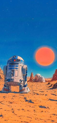 an image of a robot in the desert with a red sun behind it and some rocks