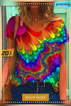 Women's T Shirt Tee Yellow Red Blue Graphic Print Short Sleeve Daily Basic V Neck Regular Loose Fit S Multicolor V-neck Shirt For Summer, Casual Multicolor Print V-neck T-shirt, Colorful Printed Short Sleeve Top, Colorful Rainbow Print Summer T-shirt, Multicolor V-neck Summer Shirt, Red Printed V-neck Shirt, Multicolor Rainbow Print Tops For Spring, Blue Tops With Rainbow Print For Spring, Blue Top With Rainbow Print For Spring