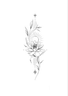 a black and white drawing of a flower with leaves on it's side,