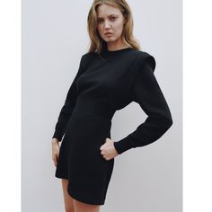 New With Tag, Shoulder Pad Dress Round Neck With Long Sleeves With Shoulder Pads,Tonal Matching Fabric Detail Contrasting Back Text, Elastic Waist Band With Back Tie. Shoulder Pad Dress, Zara Black, Zara Dresses, Shoulder Pads, New Dress, Elastic Waist, High Neck Dress, Round Neck, Zara