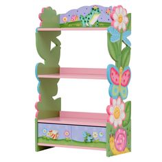 a children's book shelf with flowers and butterflies on it