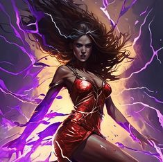 a woman in a red dress with lightning behind her