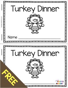 two turkey dinner name tags with the words turkey dinner on them and an image of a turkey