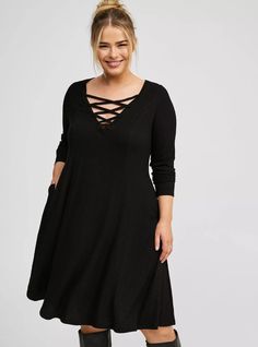 Mini Waffle Long Sleeve Lace Up Neck Fit N Flare DressMini Waffle Long Sleeve Lace Up Neck Fit N Flare Dress, DEEP BLACK Waffle Long Sleeve, Dress Images, Torrid Dresses, Deep Black, Fit N Flare Dress, Girls Night Out, Long Sleeve Lace, Waffle Knit, V Shape