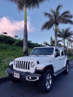 a white jeep is parked on the side of the road next to some palm trees