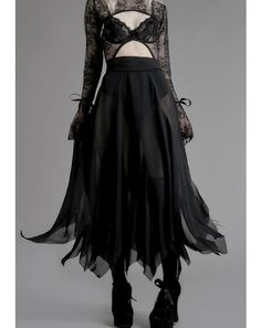 High Low Maxi Skirt, Occult Clothing, Chiffon Maxi Skirt, Sassy Outfit, Beaded Jacket, Black Dolls, Sheer Skirt, Black Doll, Chiffon Maxi