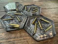 Hexagon drink coaster with spent shell casings suspended inside. Perfect for your man cave bar. Small Resin Crafts, Resin Gifts For Men, Shell Casings Crafts, Diy Resin Coasters, Reloading Room, Hunting Crafts, Epoxy Coasters, Homemade Coasters, Resin Pens