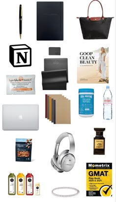 the contents of a travel bag are arranged on a white background, including an apple laptop and other items