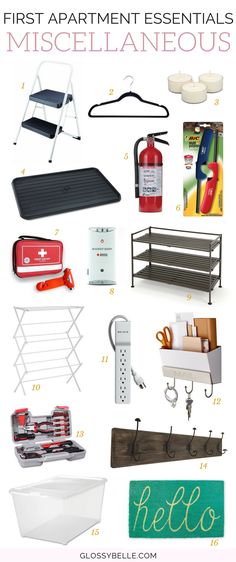 an assortment of kitchen items with the words, first apartment essentials and miscellaneous items