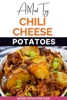 chili cheese potatoes in a bowl with text overlay